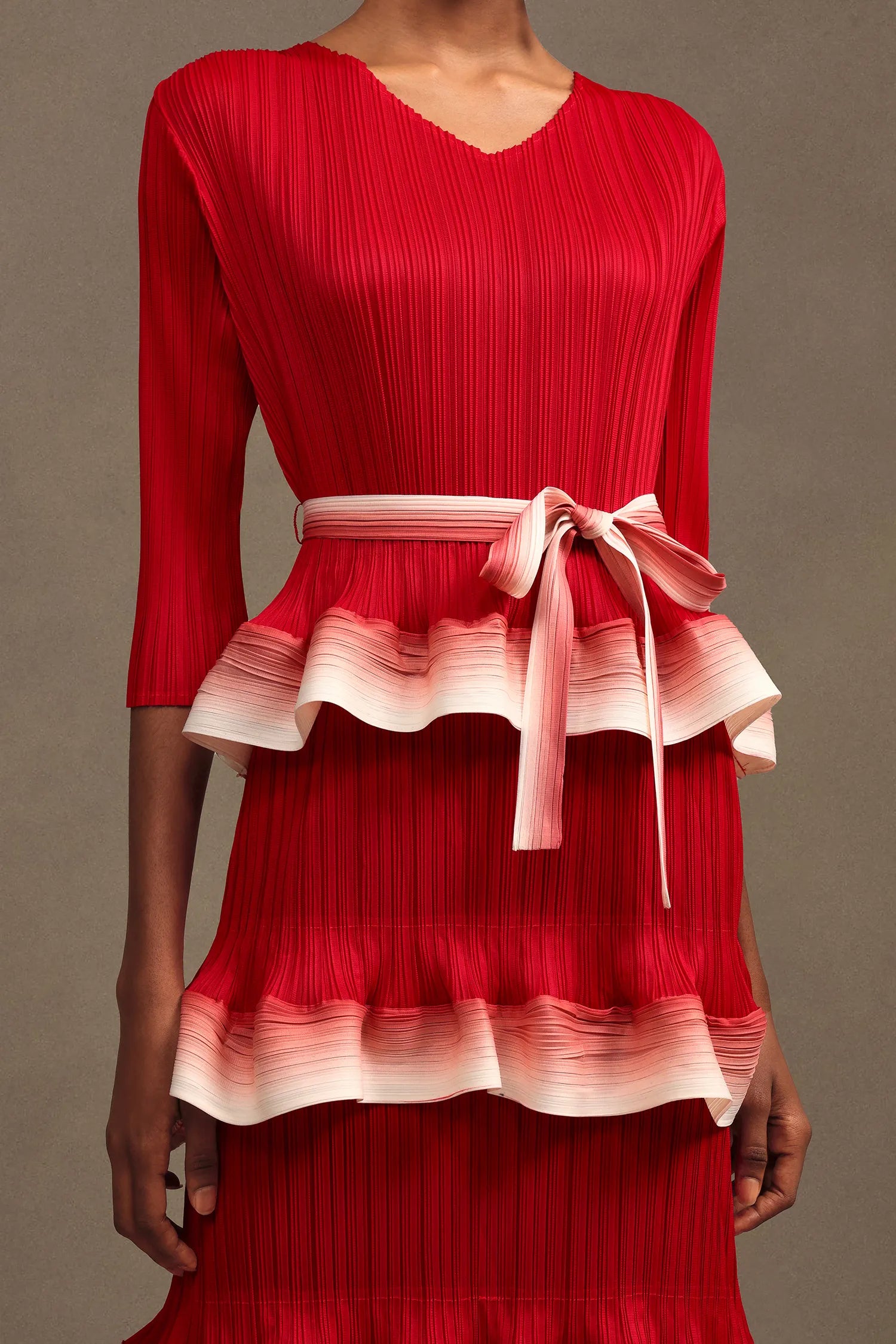 VICTORIA RED FALBALA PLEATED MAXI DRESS