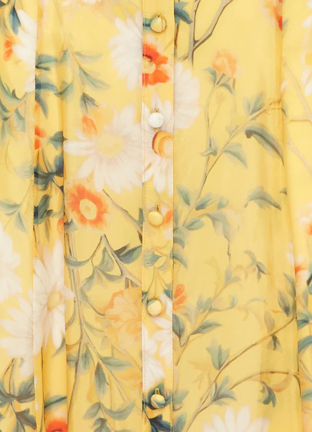 YELLOW DAISY PRINT BUTTERFLY SLEEVE MIDI DRESS