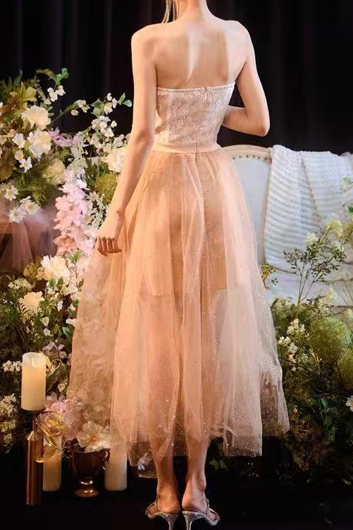 PEACH SPARKLE TULLE CORSET STRAPLESS MIDI DRESS