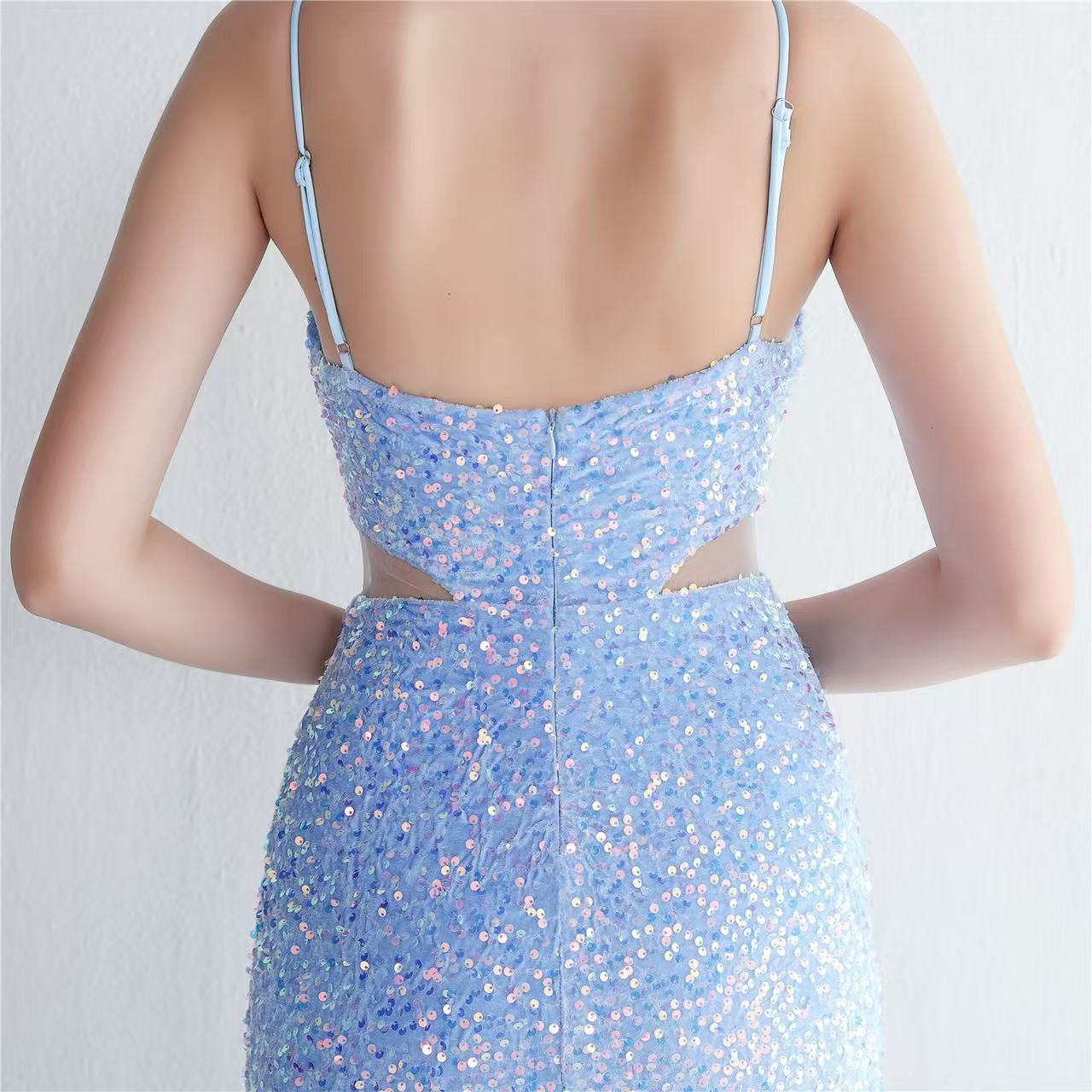 MARIAN BLUE SEQUIN HALTER CUTOUT MAXI DRESS