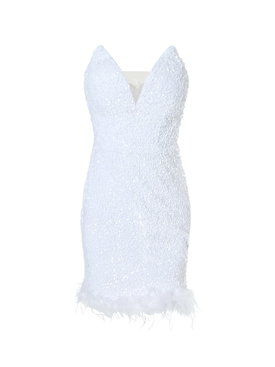 SLEEVELESS FEATHER WHITE MINI DRESS FOR PARTY
