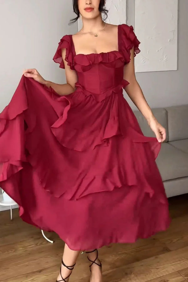 SQUARE NECK RUFFLE SLEEVE BACKLESS PARTY DRESS