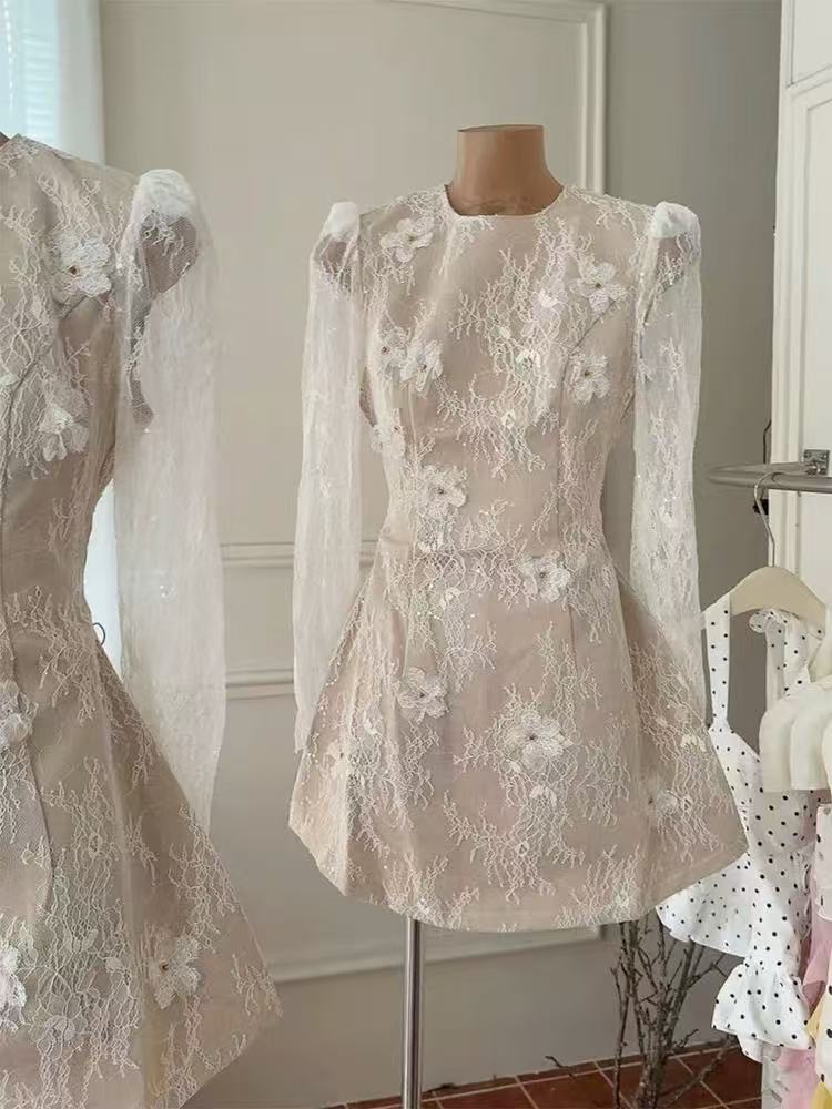 SHEER LACE FLORAL APPLIQUE MINI DRESS, LONG SLEEVE, BEIGE