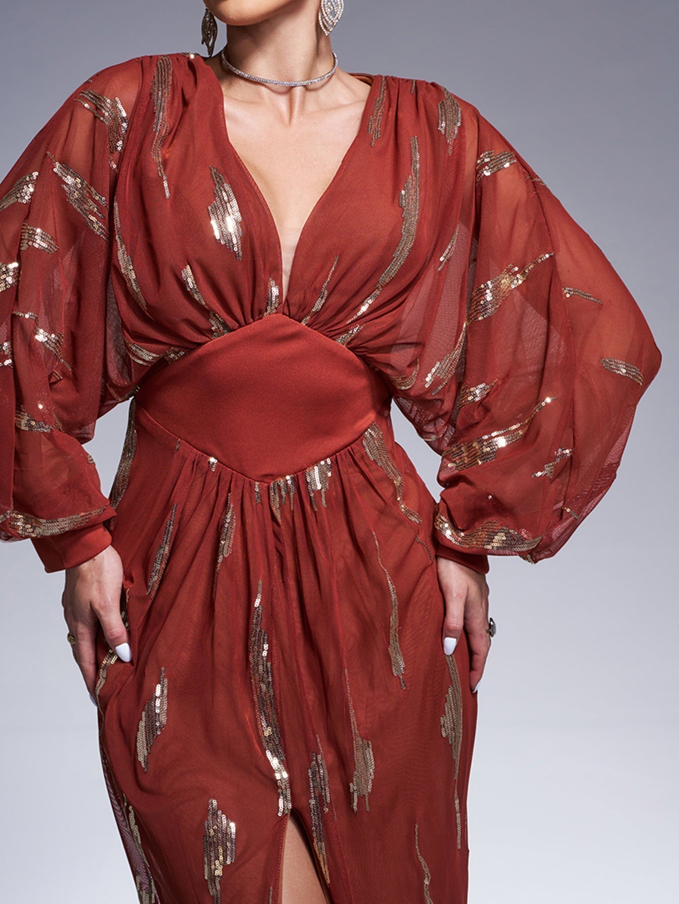 LANTERN SLEEVE SEQUIN PROM GOWN