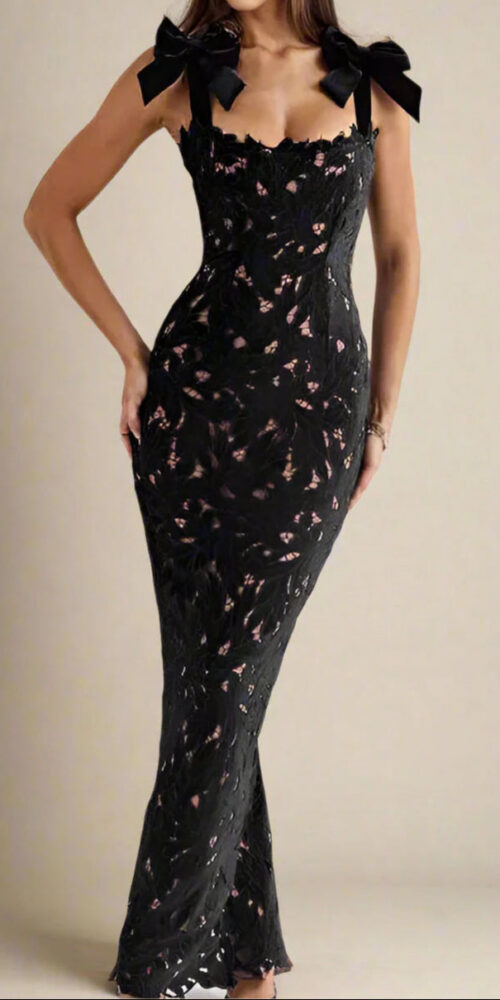 hermosa Bow Strap Embroidered Lace Maxi Dress in black