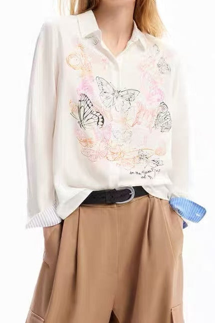 WHITE BUTTERFLY PRINT SHIRT, STRIPED CUFFS, CASUAL