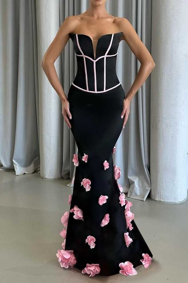 FLORAL STRAPLESS MAXI DRESS, BLACK, WEDDING GUEST