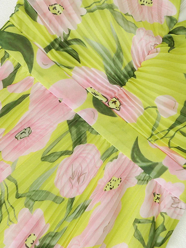 V-NECK SILK PRINTED PLEATED MAXI YELLOW DRESS