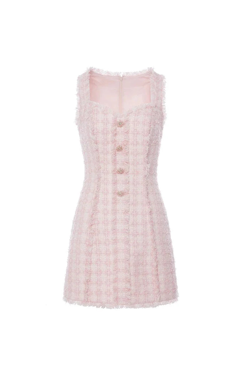 OPHELIA PINK SQUARE NECK TWEED MINI DRESS