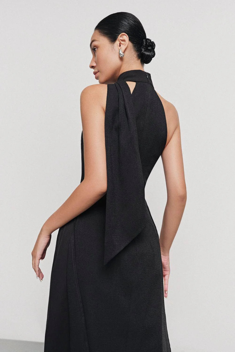 YEN LAYERED HIGH NECK SILK MAXI DRESS, BLACK