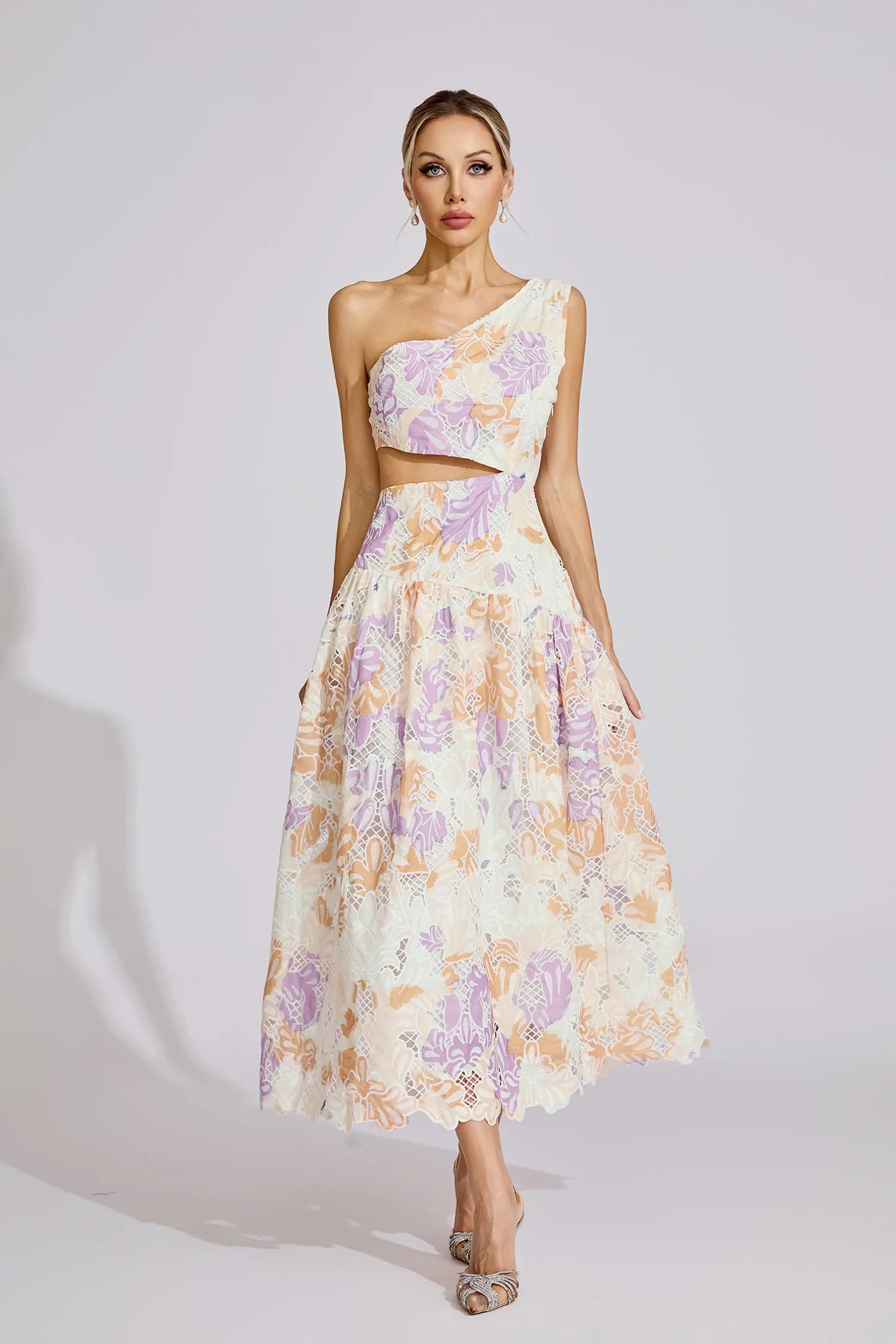 YELLOW ONE-SHOULDER FLORAL PRINT CUTOUT MAXI DRESS