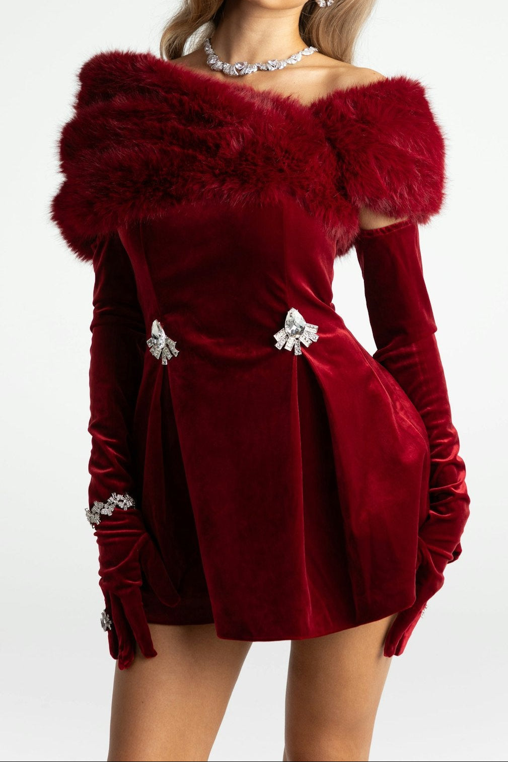 RED FUR VELVET LONG SLEEVE MINI DRESS