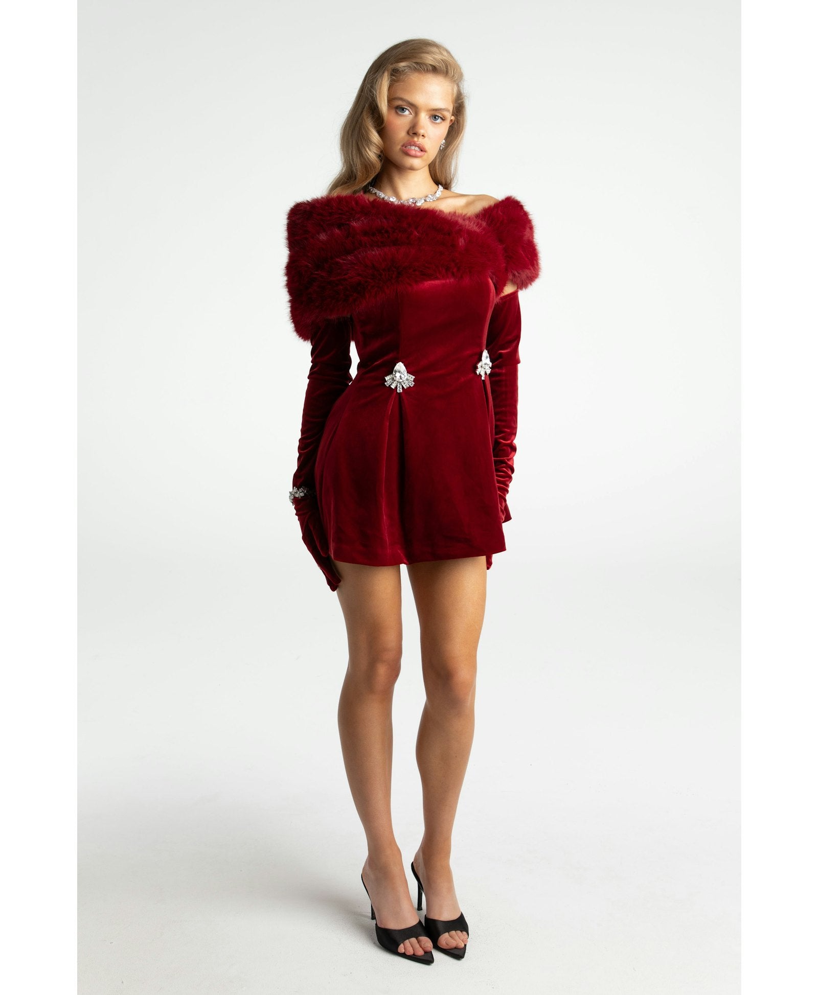 RED FUR VELVET LONG SLEEVE MINI DRESS