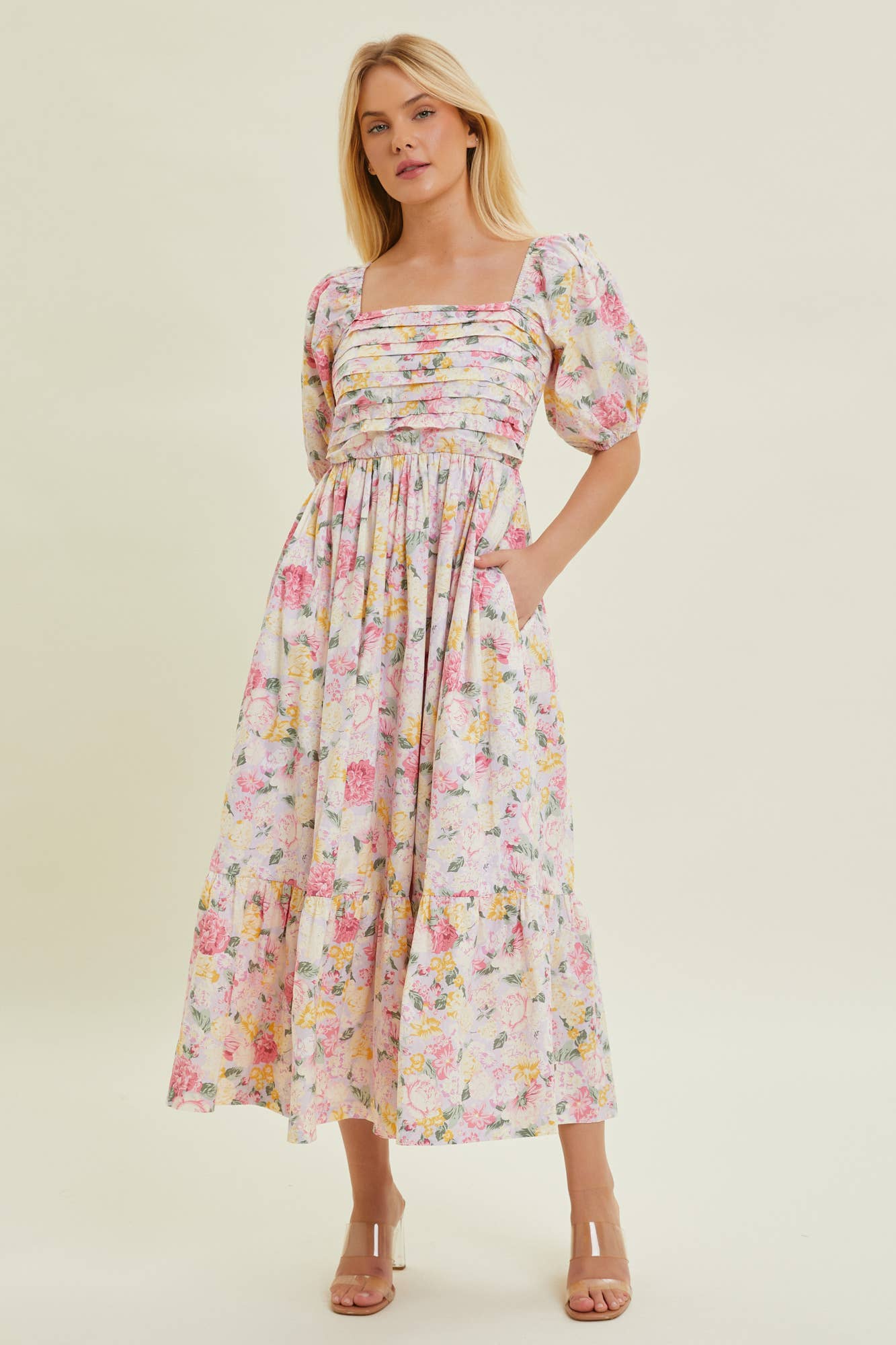 PLEATED BODICE FLORAL MIDI DRESS FOR WEDDING