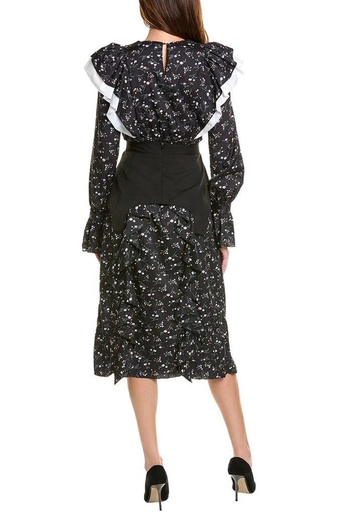 SEBASTIANE FLORAL MIDI DRESS, BLACK RUFFLE