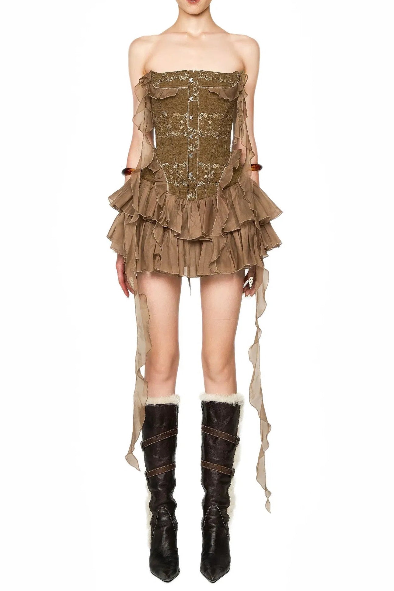 d738bef8-f79a-46dd-83a8-54d16420485c ALTHEA RUFFLE BROWN MINI DRESS