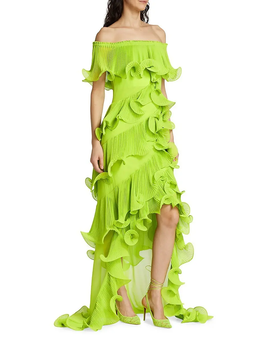 DORA GREEN OFF-SHOULDER PLEATED MAXI DRESS