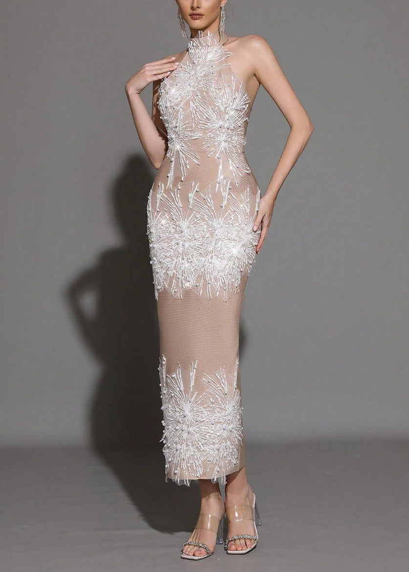 PANDORA KHAKI BEADED SEQUIN BANDAGE MAXI DRESS