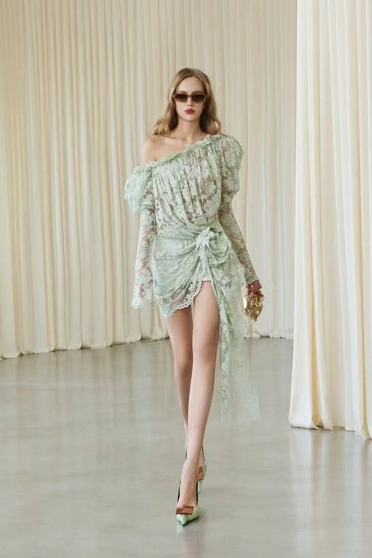 JOANNA GREEN 3D FLOWER LACE ASYMMETRICAL MINI DRESS
