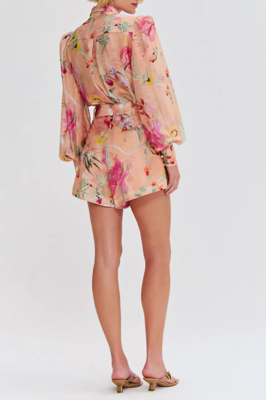 ORANGE FLORAL PRINT SHIRT SHORTS SET