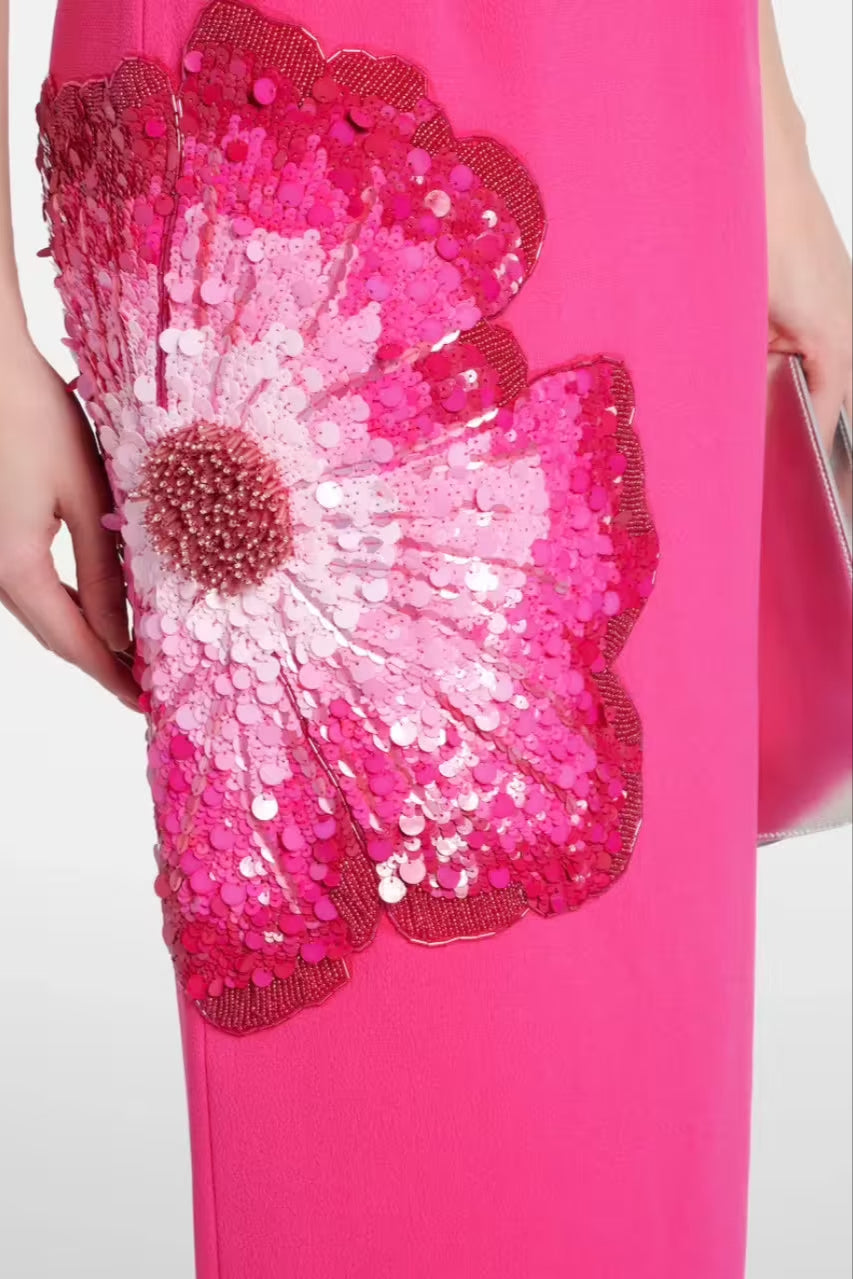 SEQUIN FLOWER PUFF SLEEVE MIDI DRESS IN PINK