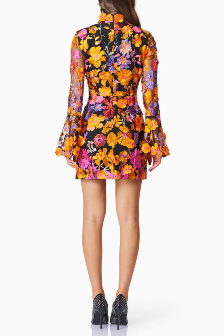MULTI ORANGE FLORAL EMBROIDERED LONG SLEEVE MINI DRESS