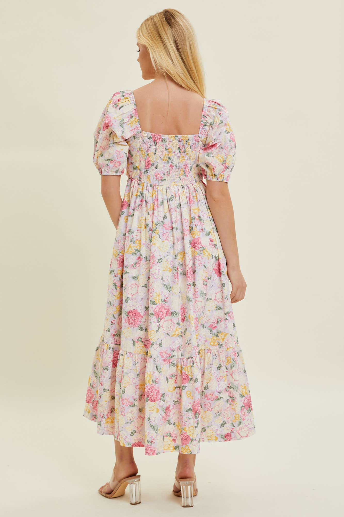 PLEATED BODICE FLORAL MIDI DRESS FOR WEDDING
