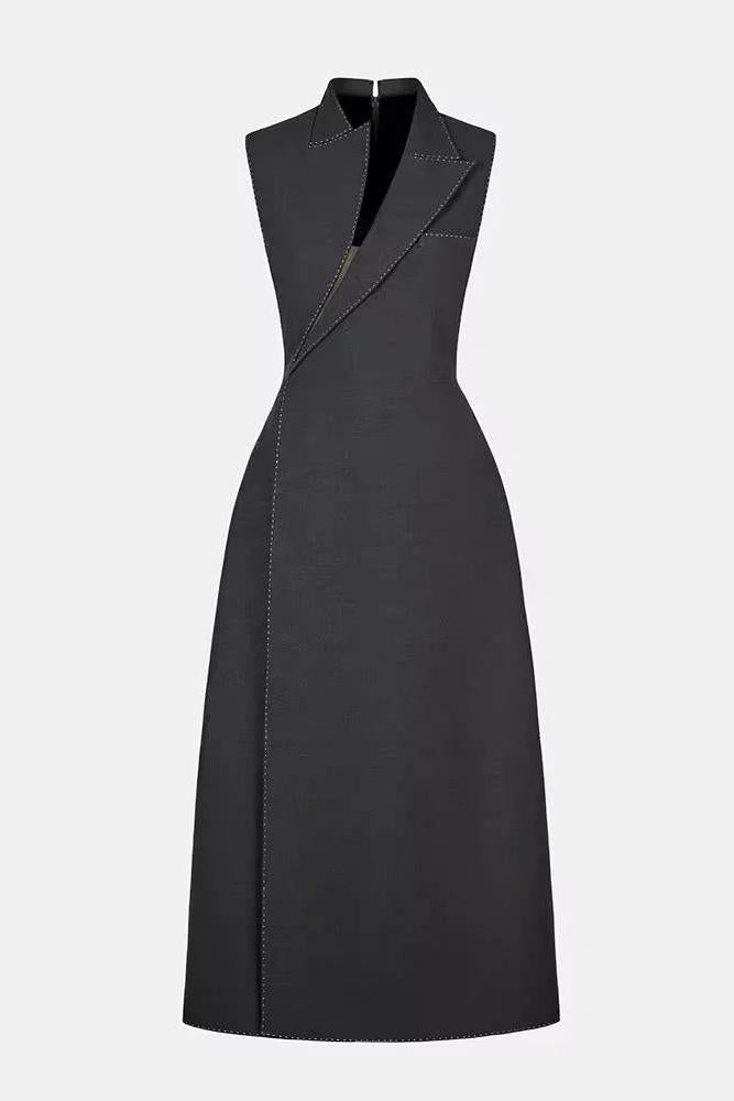 ASYMMETRIC COLLAR BLAZER MIDI DRESS GREY