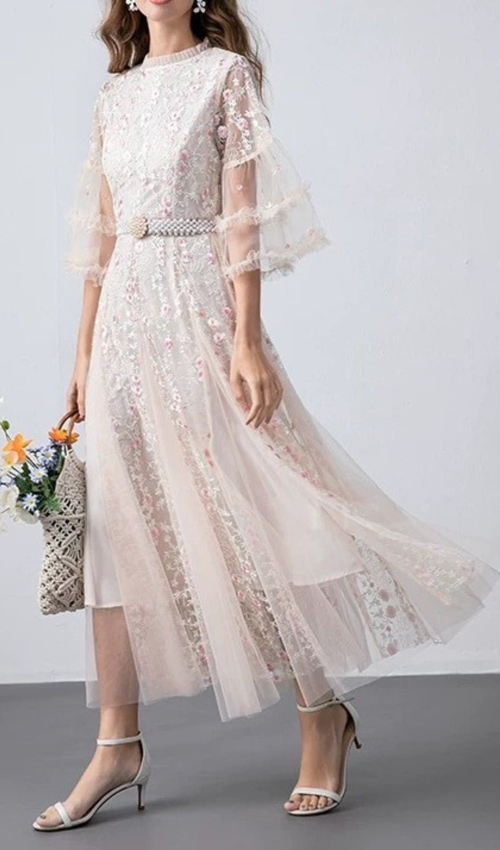 FLORAL MESH MIDI DRESS FOR APRICOT WEDDING GUEST