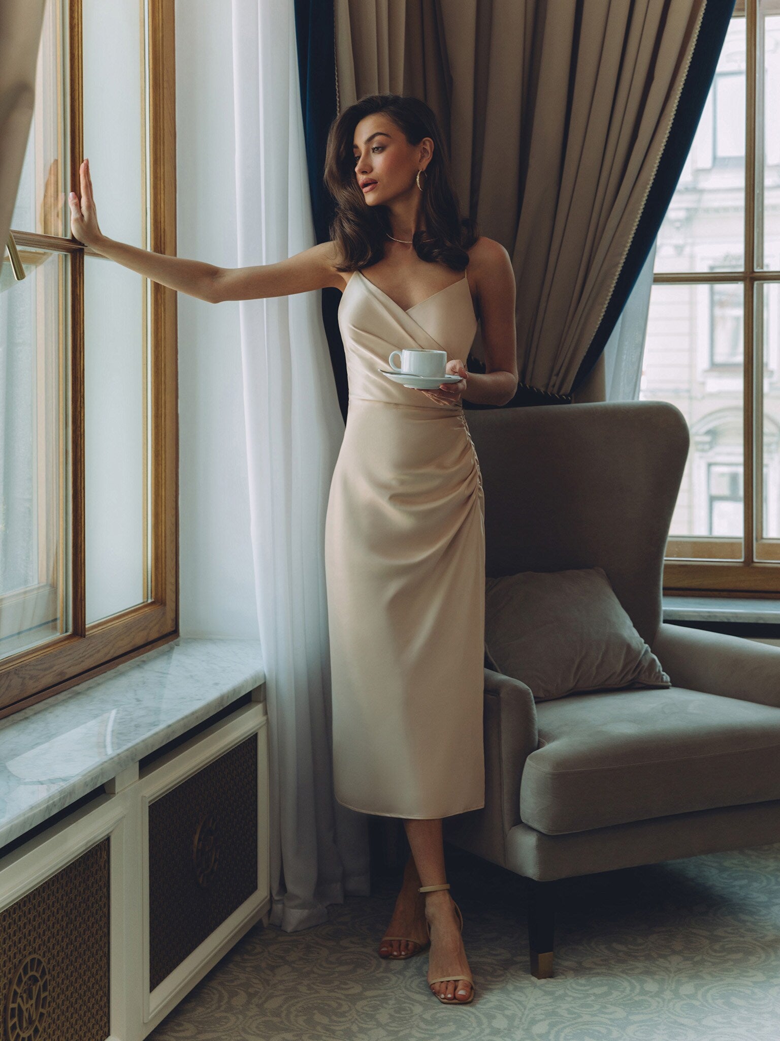 DRAPED WRAP MIDI DRESS FOR EVENING