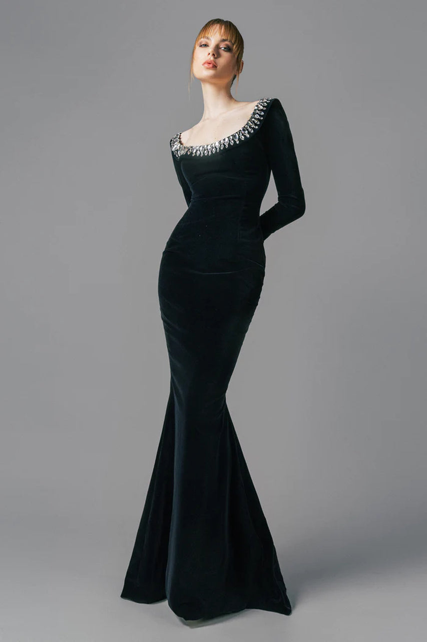 BLACK CREPE CRYSTAL NECKLINE GOWN, FORMAL EVENING