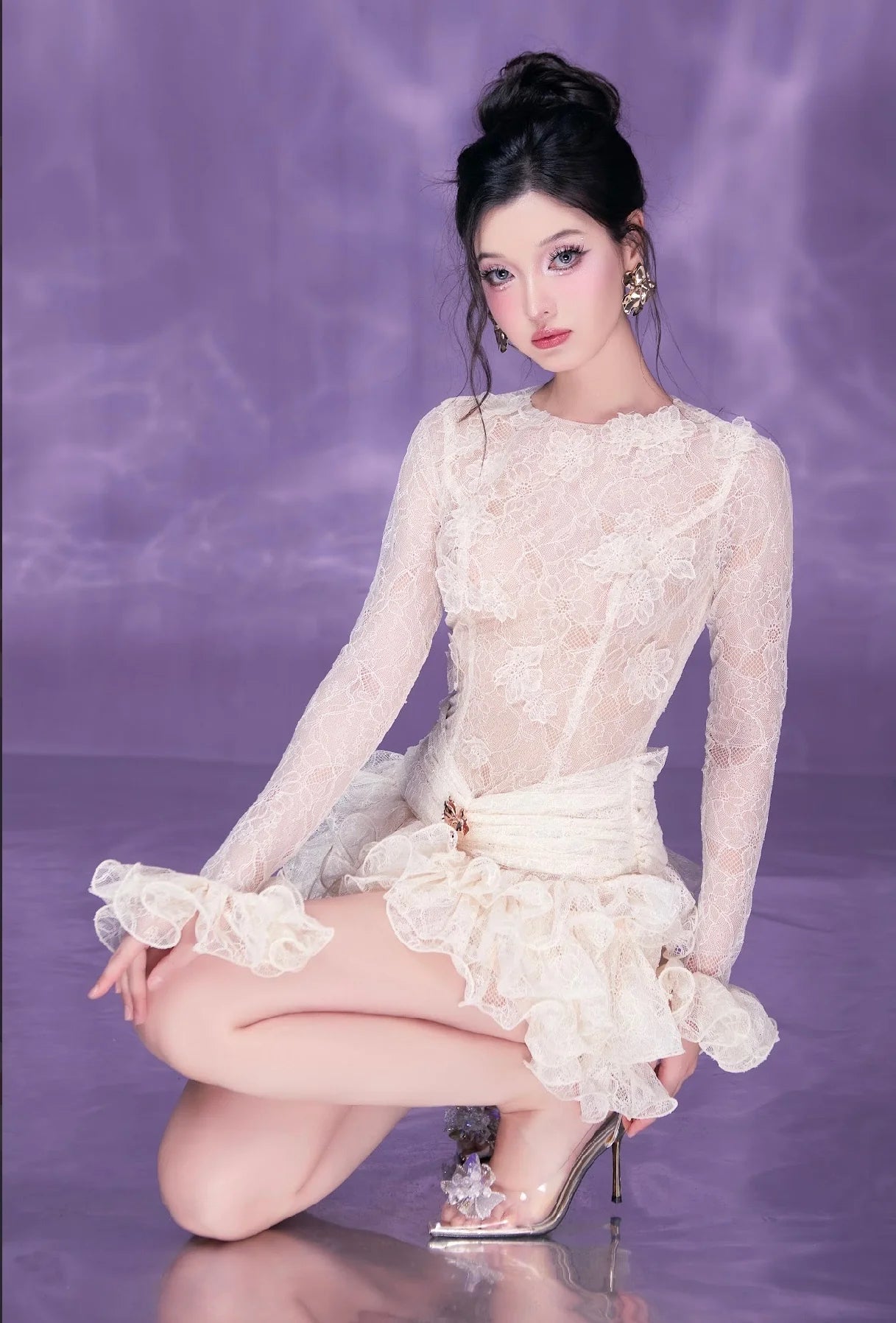 EUDORA LACE MINI DRESS WHITE, RUCHED EMBROIDERY PARTY