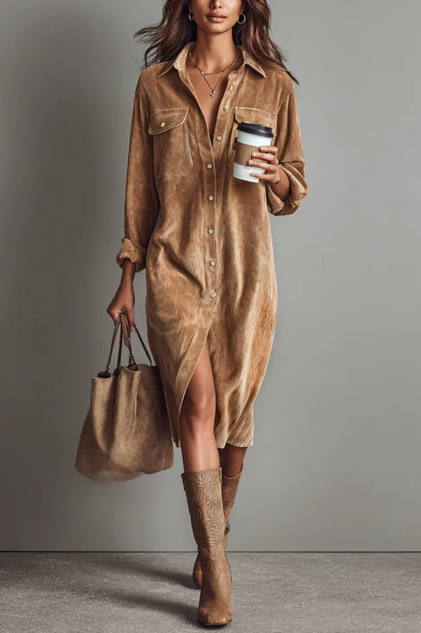 d9e701f60dc5096ef1fc3198933e0619 SOLID SINGLE-BREASTED SHIRT MIDI DRESS CASUAL