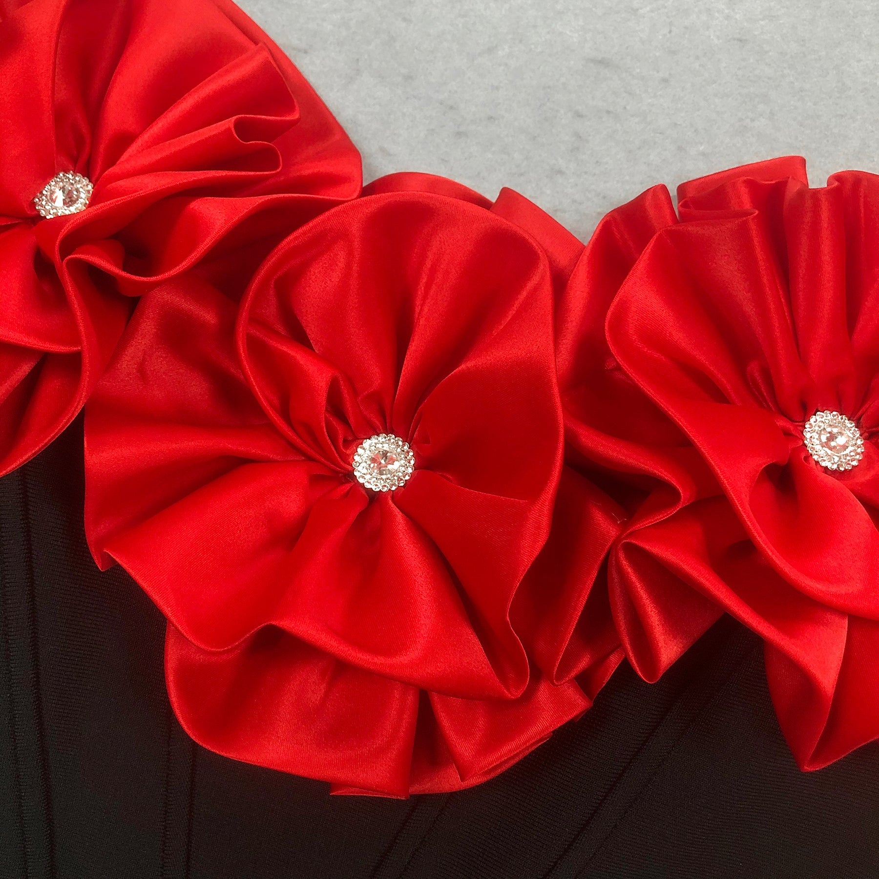 RED STRAPLESS BANDAGE MAXI DRESS WITH FLOWER EMBELLISHMENT
