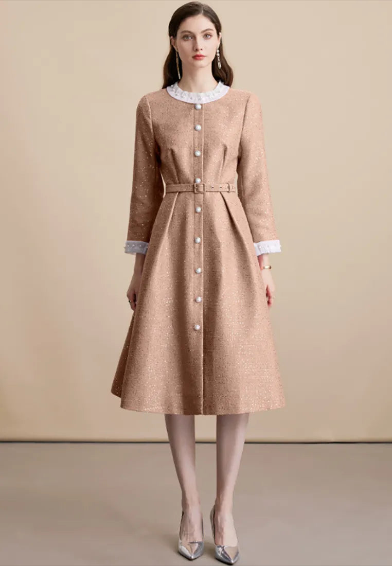 VIRGINIA TWEED SEQUIN KHAKI MIDI DRESS