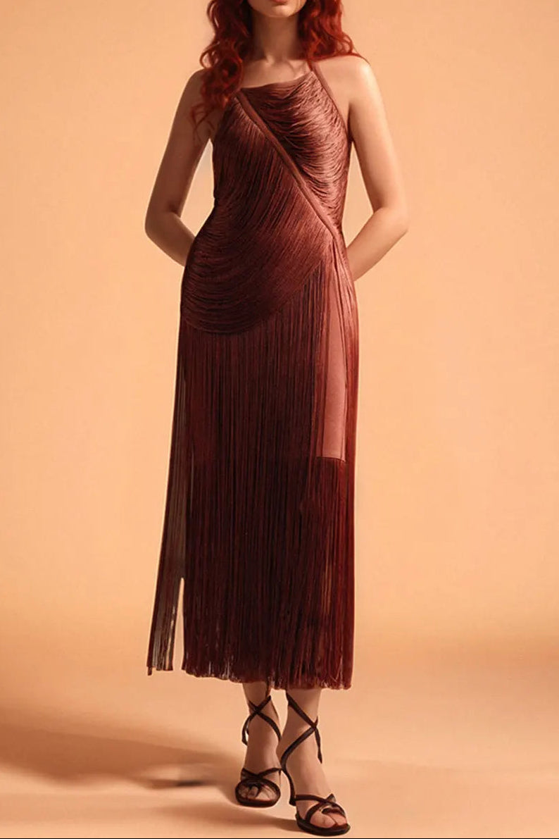 da6f7726-7fba-43b4-b231-bc157230dff1 NICOLA PLEATED HALTER FRINGE MAXI DRESS BROWN