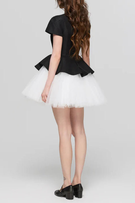 TWO-TONE VELVET PUFFY RUFFLE MINI DRESS