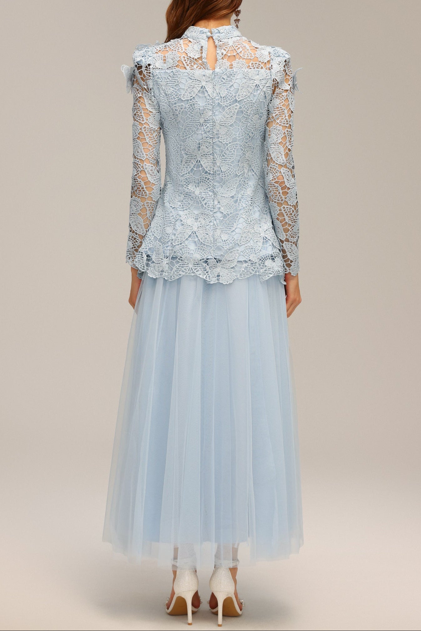 YVETTE BLUE LACE TWO-PIECE SET | LONG SLEEVE BUTTERFLY TOP & SKIRT