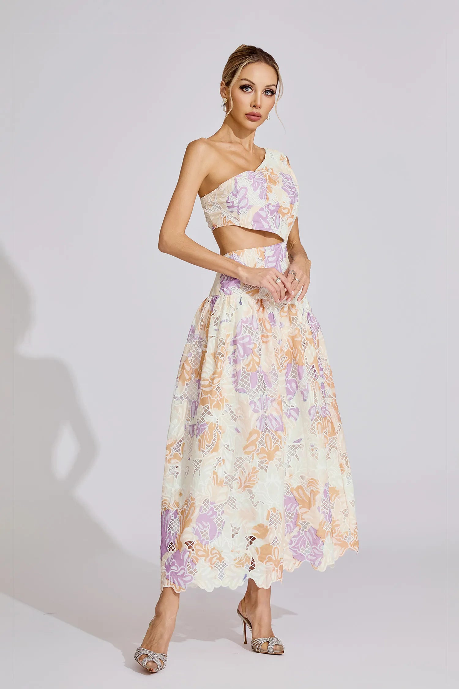 YELLOW ONE-SHOULDER FLORAL PRINT CUTOUT MAXI DRESS