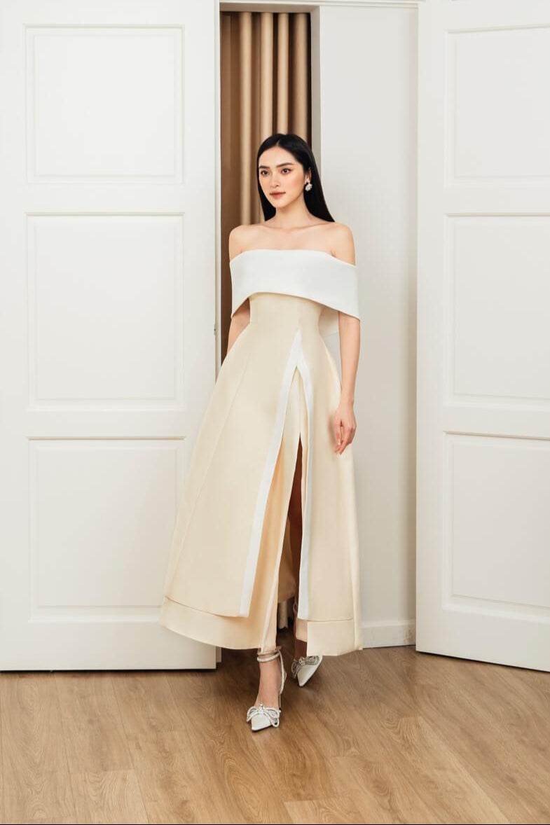 DAKOTA OFF-SHOULDER SLIT MIDI DRESS, TAFFETA PARTY GOWN