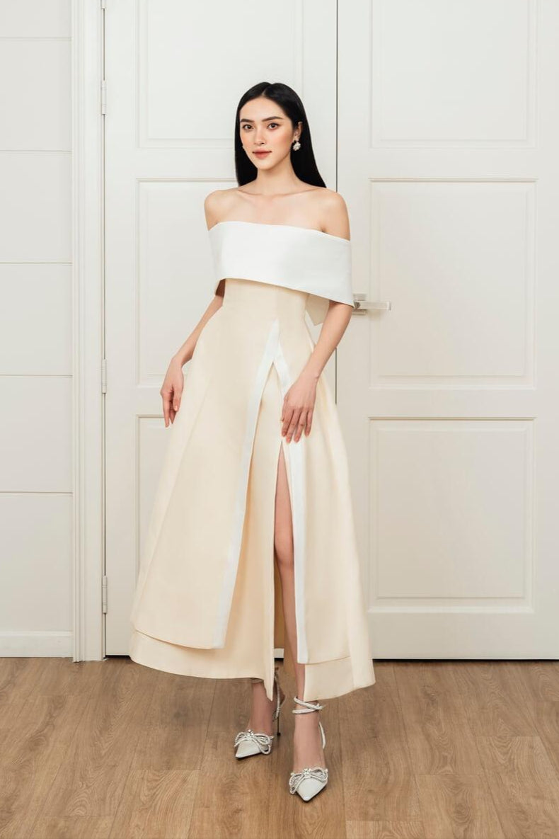 DAKOTA OFF-SHOULDER SLIT MIDI DRESS, TAFFETA PARTY GOWN