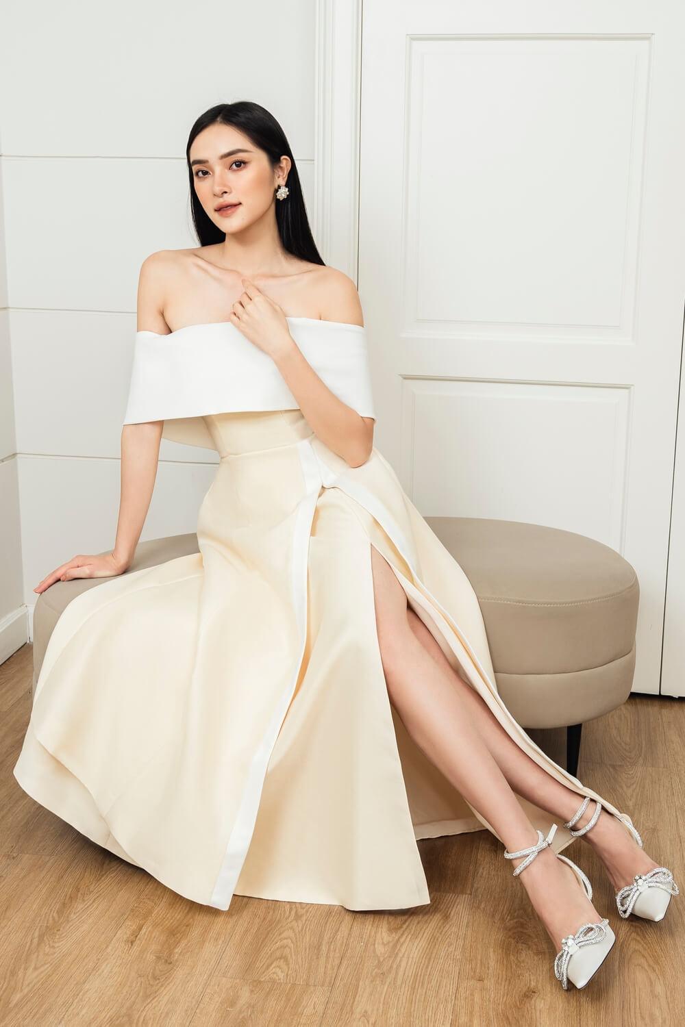 DAKOTA OFF-SHOULDER SLIT MIDI DRESS, TAFFETA PARTY GOWN