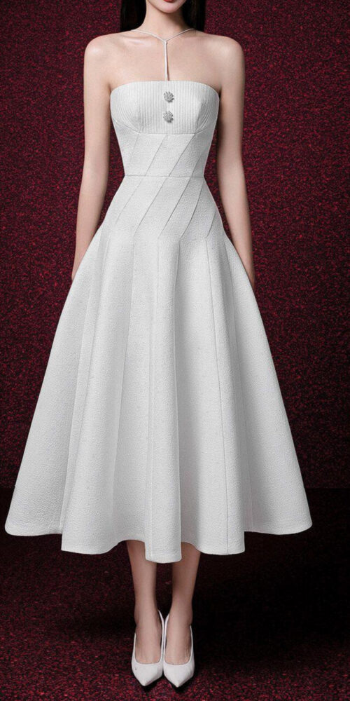off-shoulder Sleeveless Jacquard Midi Dress in apricot - semi-formal wedding guest look - gallery opening outfit - graduation white dress off-shoulder Sleeveless Jacquard Midi Dress in apricot - semi-formal wedding guest look - gallery opening outfit - graduation white dress