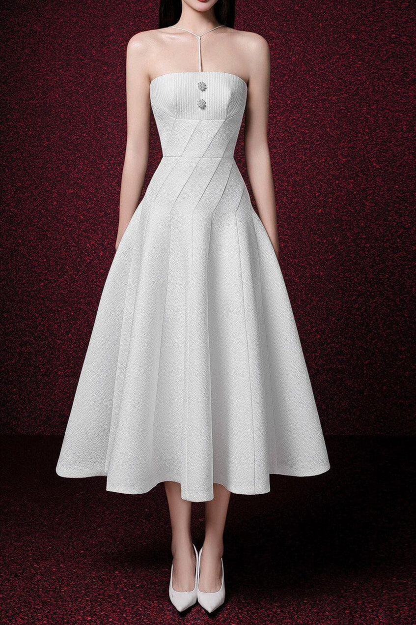 off-shoulder Sleeveless Jacquard Midi Dress in apricot - semi-formal wedding guest look - gallery opening outfit - graduation white dress