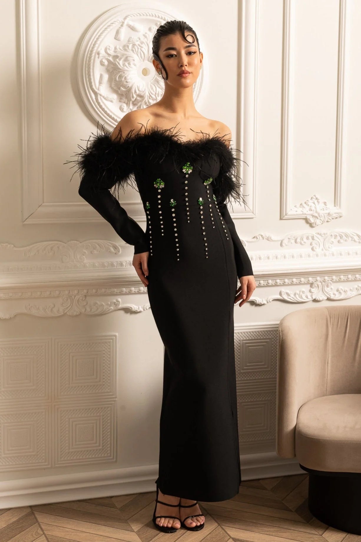LARA SEQUIN FEATHER MAXI DRESS - BLACK, HIGH SLIT GOWN