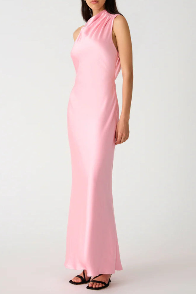 SLEEVELESS BACKLESS SATIN MAXI DRESS PINK