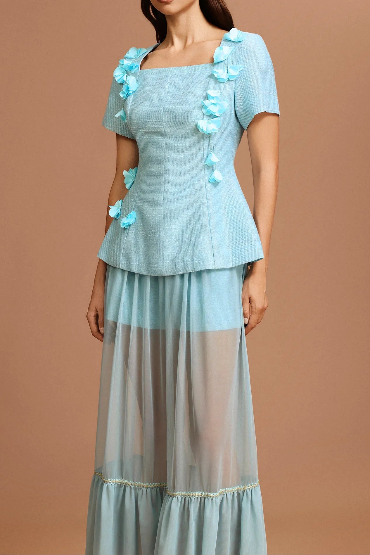 URSULA BLUE FLORAL TWO-PIECE SET SHORT SLEEVES FOLD SKIRT