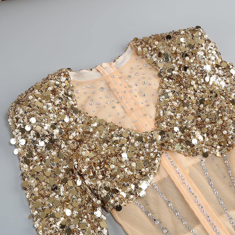 GOLD SEQUIN MAXI DRESS FOR HOLIDAY PARTIES