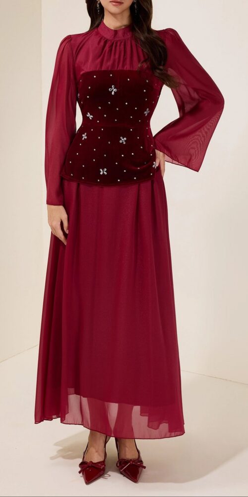 caroline Rhinestone Velvet Splicing Maxi Dress - burgundy