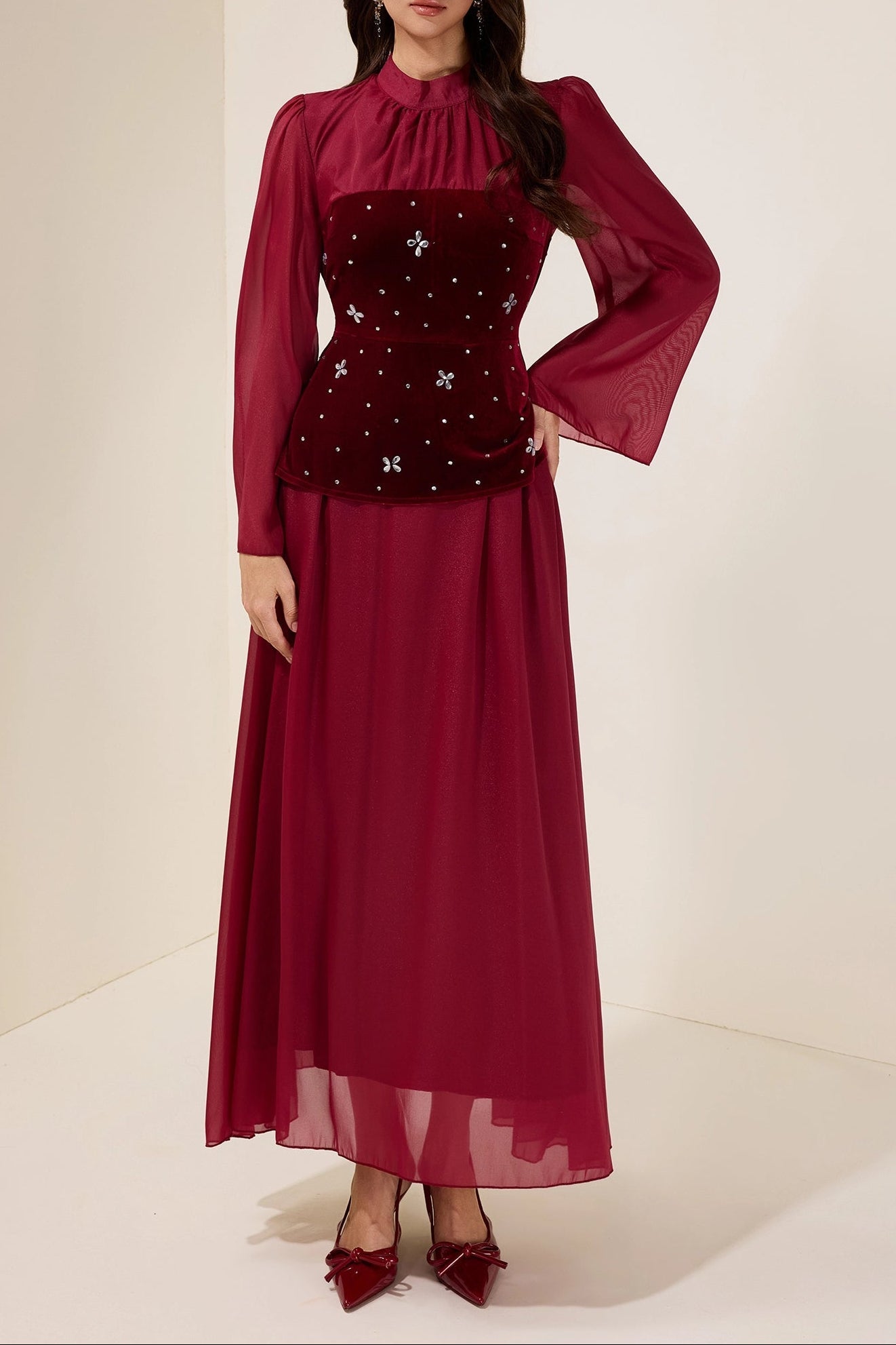 BURGUNDY VELVET RHINESTONE MAXI DRESS EVENING PARTY